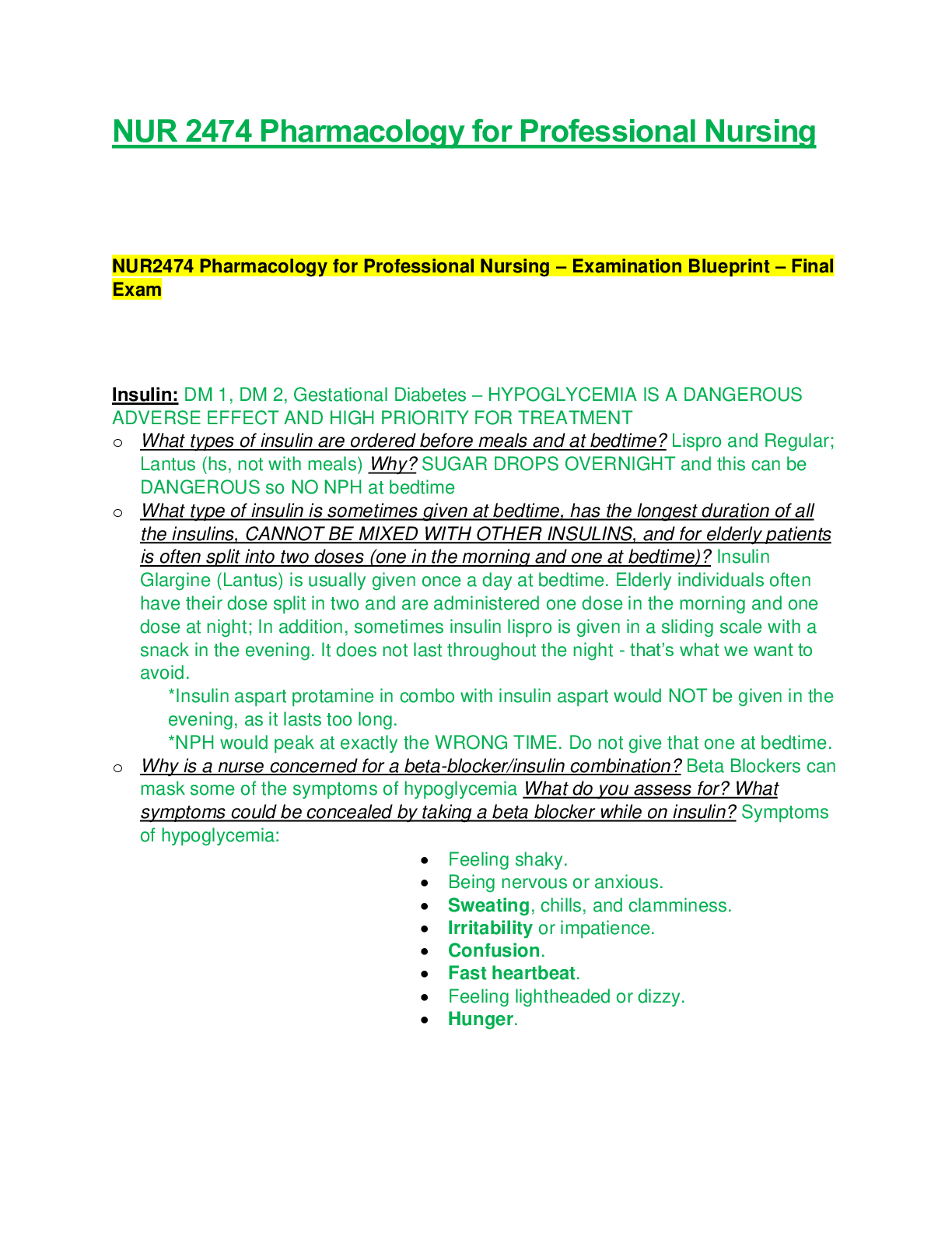 Preview of NUR2474 / NUR 2474: Pharmacology for Professional Nursing Final Exam Blueprint (Latest Upd
